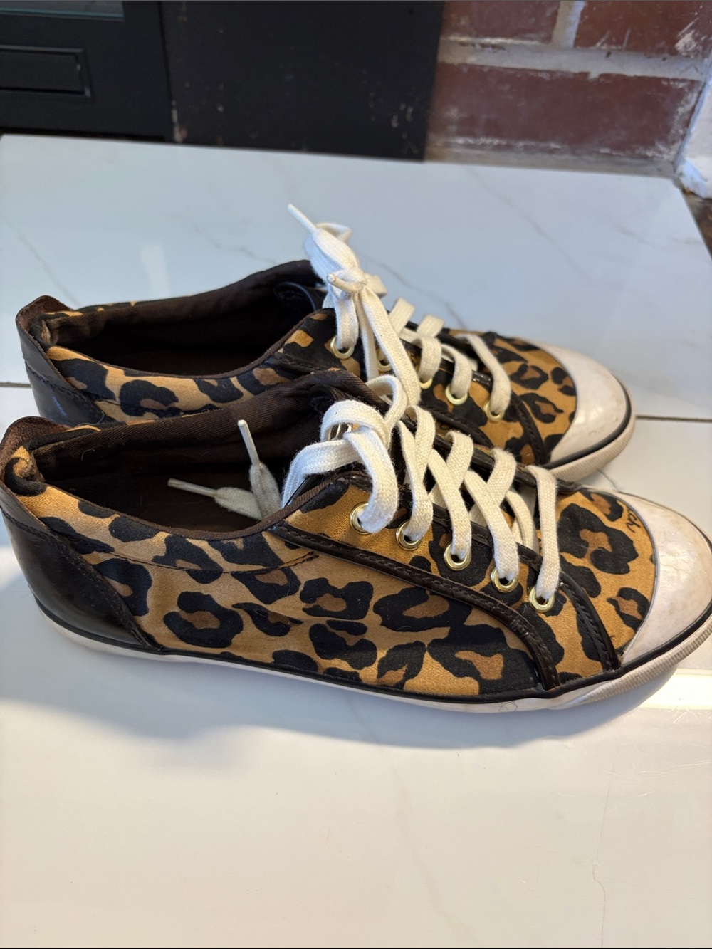 Coach women’s  Leopard Print Canvas Sneakers in Tan and Black - Picture 2 of 4